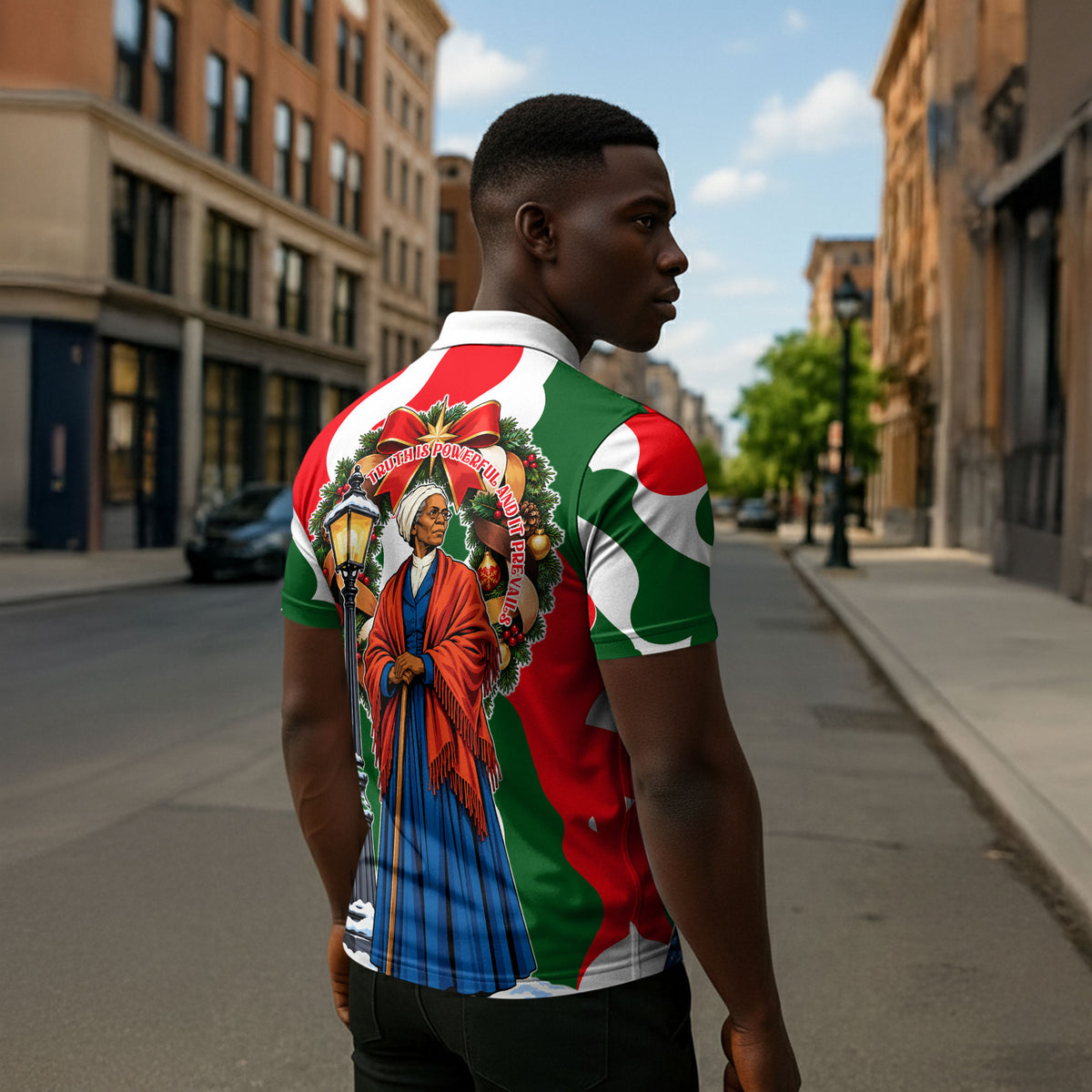 Sojourner Truth Christmas Zipper Polo Shirt Festive Holiday Wreath Graphic With Winter Town Art