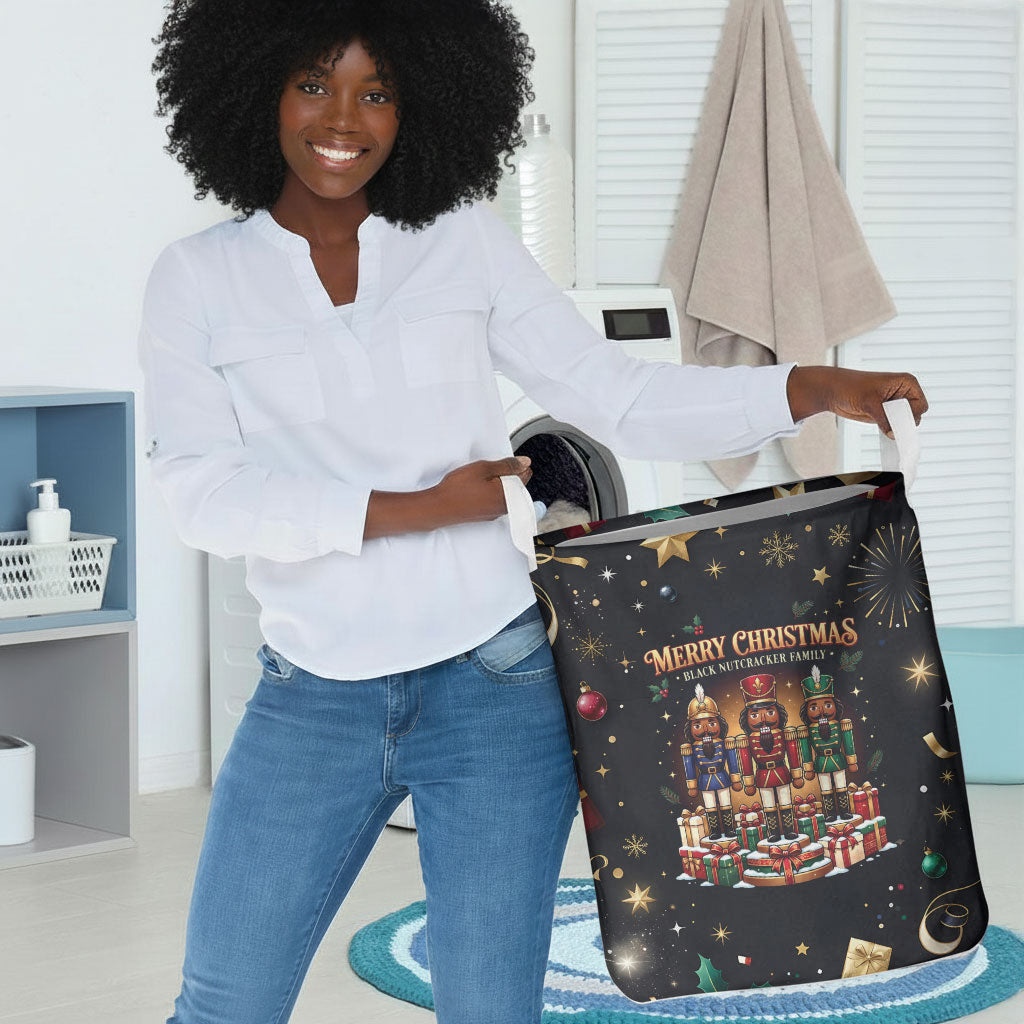Black Nutcracker Family Christmas Laundry Basket African American Noel Wrapped In Drip