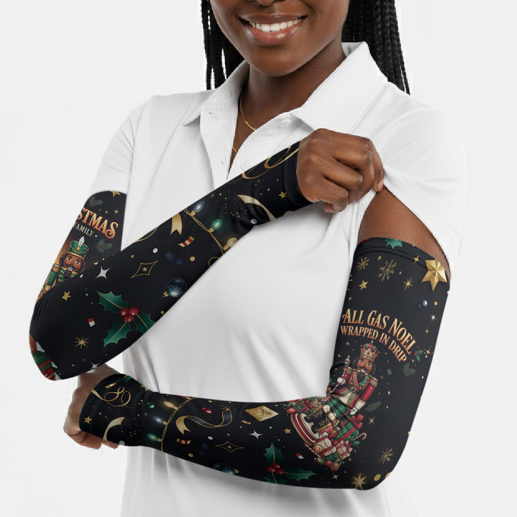 Black Nutcracker Family Christmas Arm Sleeves African American Noel Wrapped In Drip