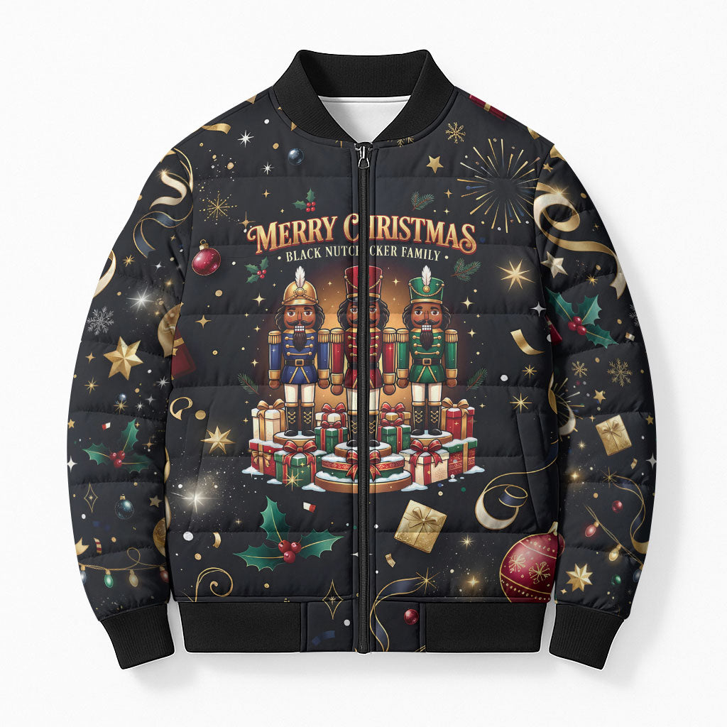 Black Nutcracker Family Christmas Bomber Puffer Jacket African American Noel Wrapped In Drip