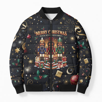 Black Nutcracker Family Christmas Bomber Puffer Jacket African American Noel Wrapped In Drip