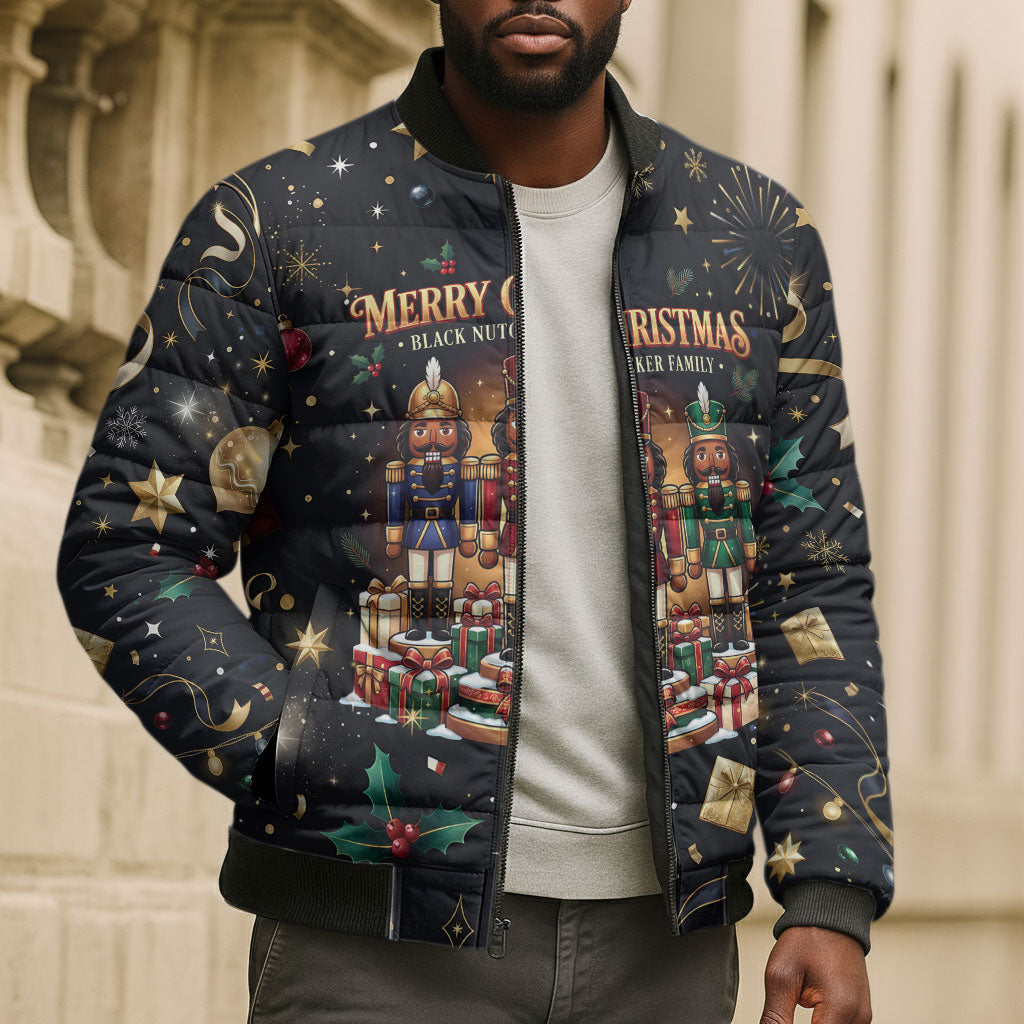 Black Nutcracker Family Christmas Bomber Puffer Jacket African American Noel Wrapped In Drip