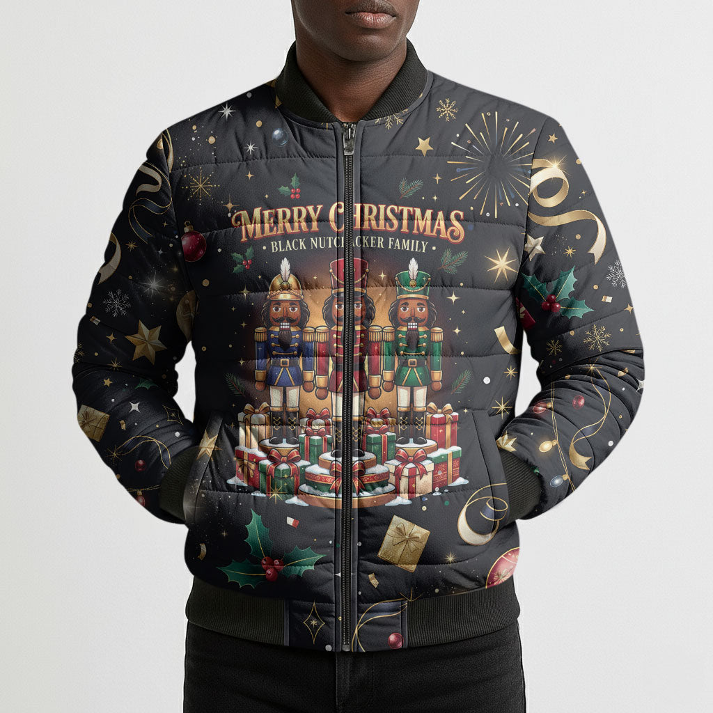 Black Nutcracker Family Christmas Bomber Puffer Jacket African American Noel Wrapped In Drip