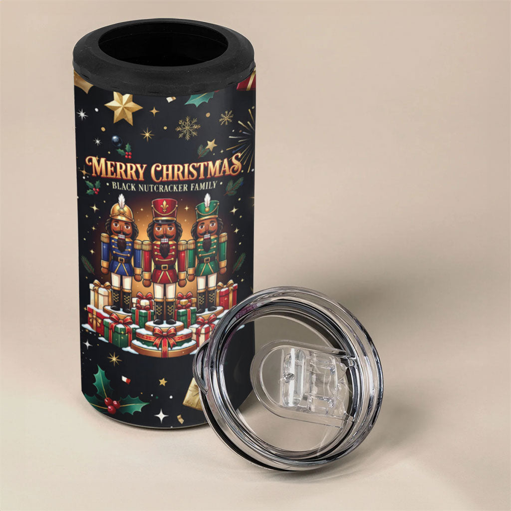 Black Nutcracker Family Christmas 4 in 1 Can Cooler Tumbler African American Noel Wrapped In Drip