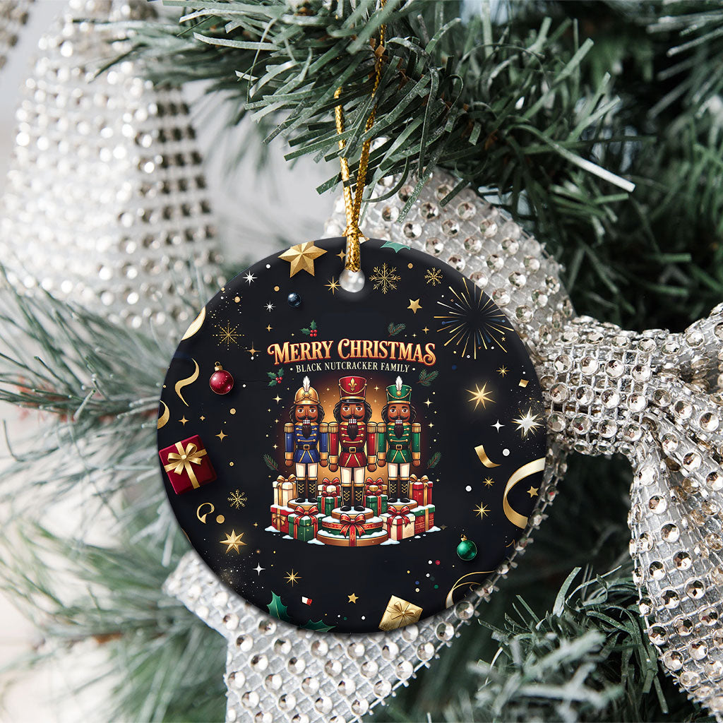 Black Nutcracker Family Christmas Ceramic Ornament African American Noel Wrapped In Drip