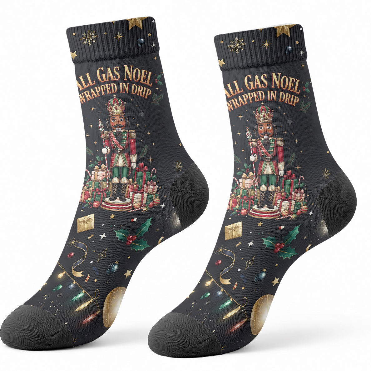 Black Nutcracker Family Christmas Crew Socks African American Noel Wrapped In Drip