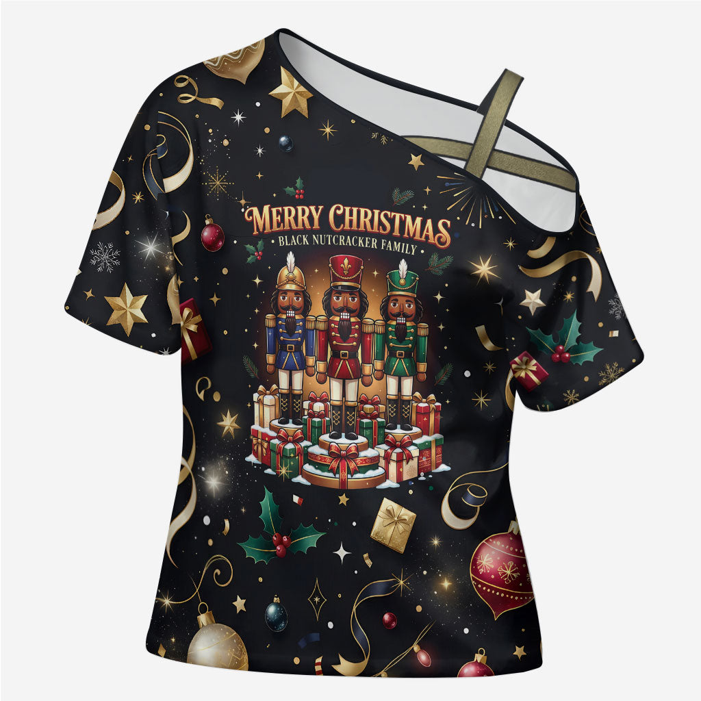 Black Nutcracker Family Christmas Cross Shoulder Shirt African American Noel Wrapped In Drip
