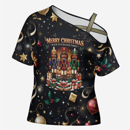 Black Nutcracker Family Christmas Cross Shoulder Shirt African American Noel Wrapped In Drip