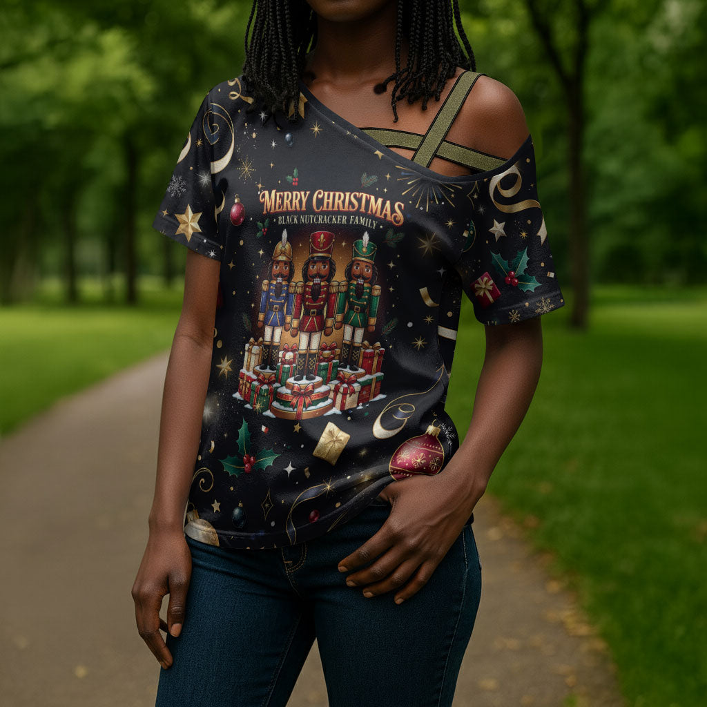 Black Nutcracker Family Christmas Cross Shoulder Shirt African American Noel Wrapped In Drip