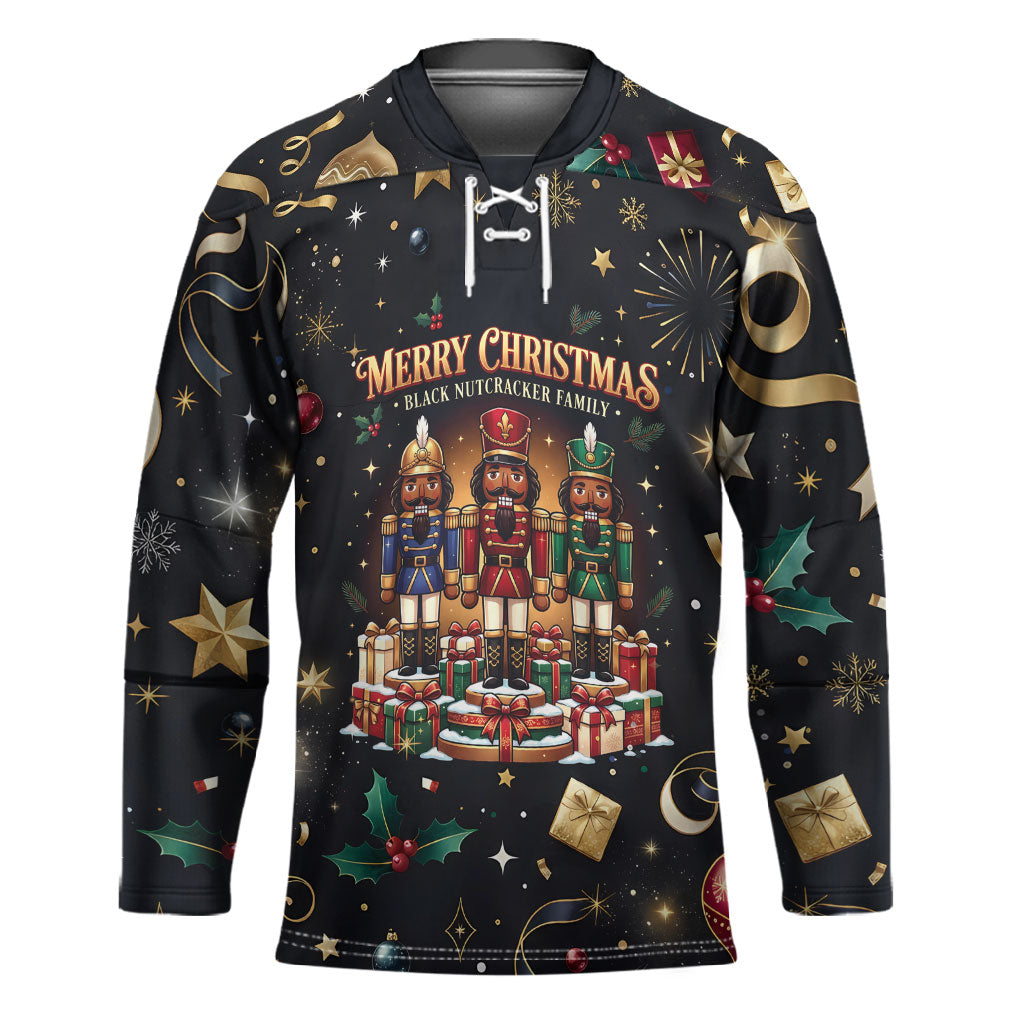 Black Nutcracker Family Christmas Hockey Jersey African American Noel Wrapped In Drip