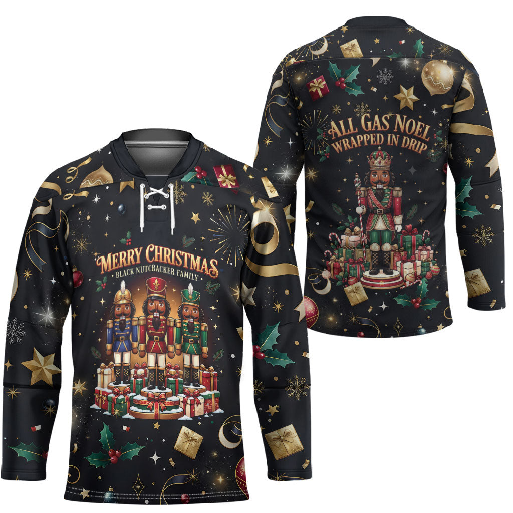 Black Nutcracker Family Christmas Hockey Jersey African American Noel Wrapped In Drip