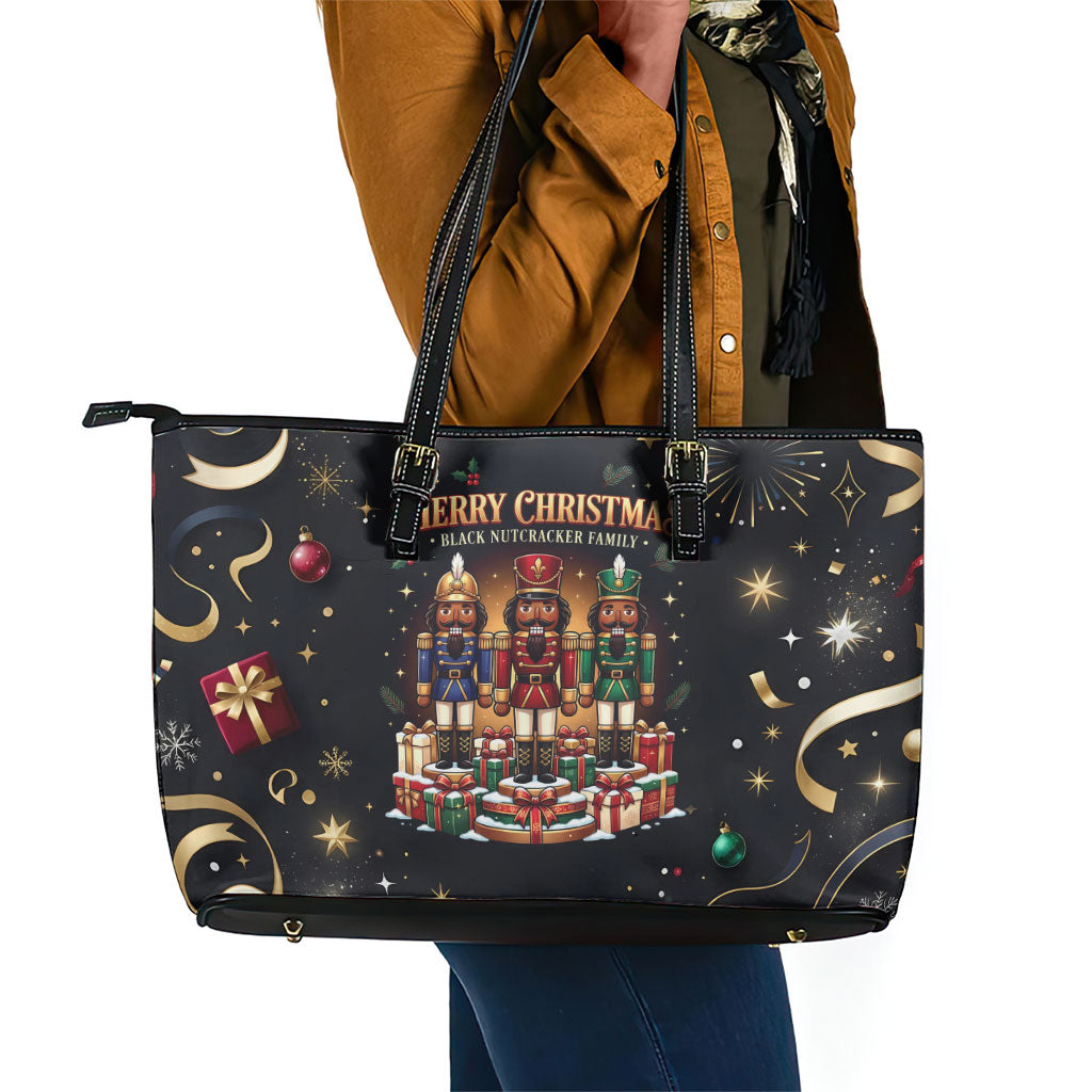 Black Nutcracker Family Christmas Leather Tote Bag African American Noel Wrapped In Drip