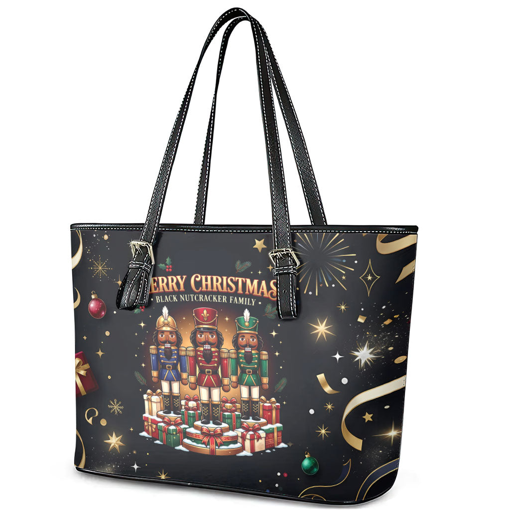 Black Nutcracker Family Christmas Leather Tote Bag African American Noel Wrapped In Drip