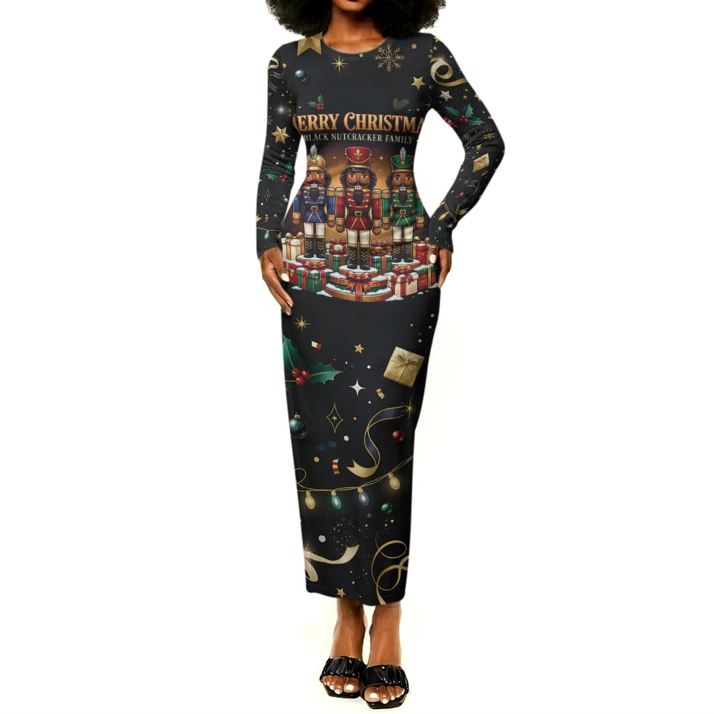 Black Nutcracker Family Christmas Long Sleeve Bodycon Dress African American Noel Wrapped In Drip