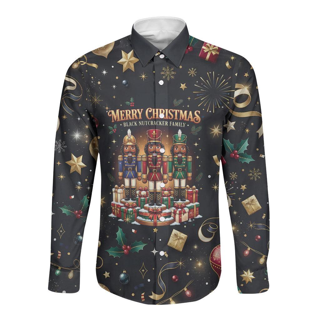 Black Nutcracker Family Christmas Long Sleeve Button Shirt African American Noel Wrapped In Drip