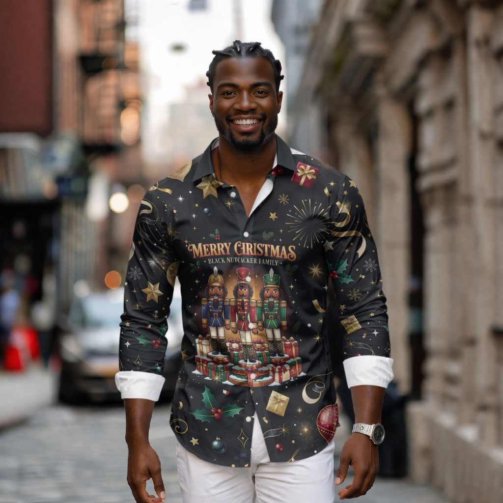 Black Nutcracker Family Christmas Long Sleeve Button Shirt African American Noel Wrapped In Drip