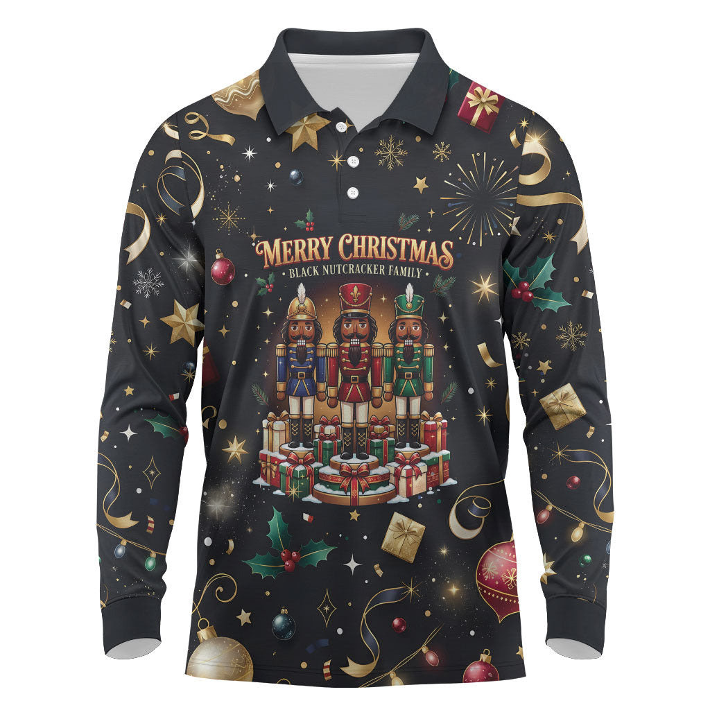 Black Nutcracker Family Christmas Long Sleeve Polo Shirt African American Noel Wrapped In Drip