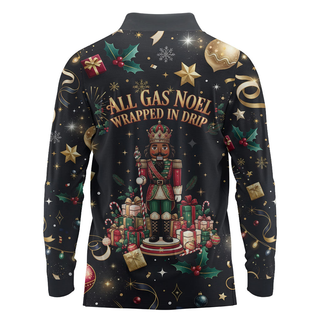 Black Nutcracker Family Christmas Long Sleeve Polo Shirt African American Noel Wrapped In Drip