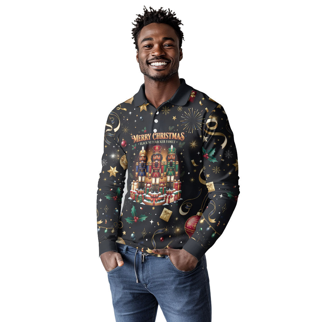 Black Nutcracker Family Christmas Long Sleeve Polo Shirt African American Noel Wrapped In Drip