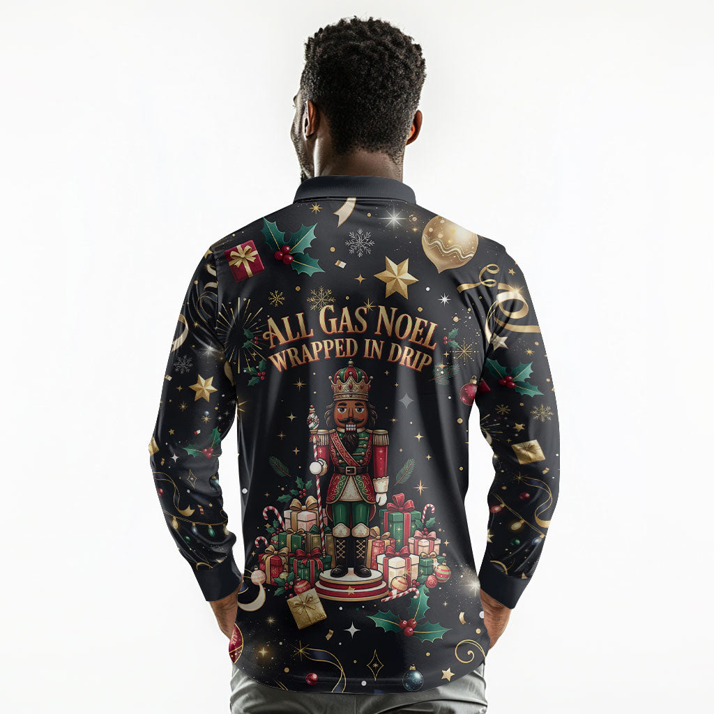 Black Nutcracker Family Christmas Long Sleeve Polo Shirt African American Noel Wrapped In Drip