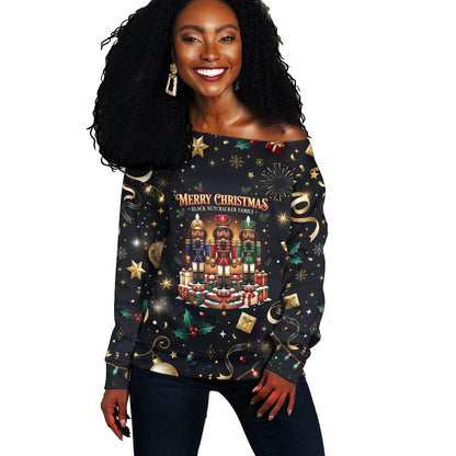 Black Nutcracker Family Christmas Off Shoulder Sweater African American Noel Wrapped In Drip