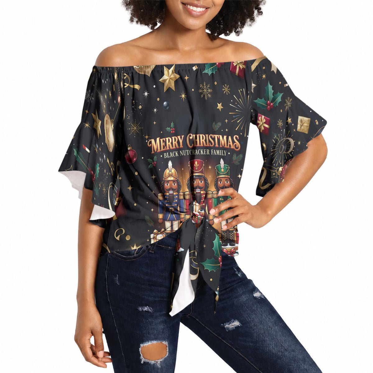 Black Nutcracker Family Christmas Off Shoulder Wrap Waist Top African American Noel Wrapped In Drip