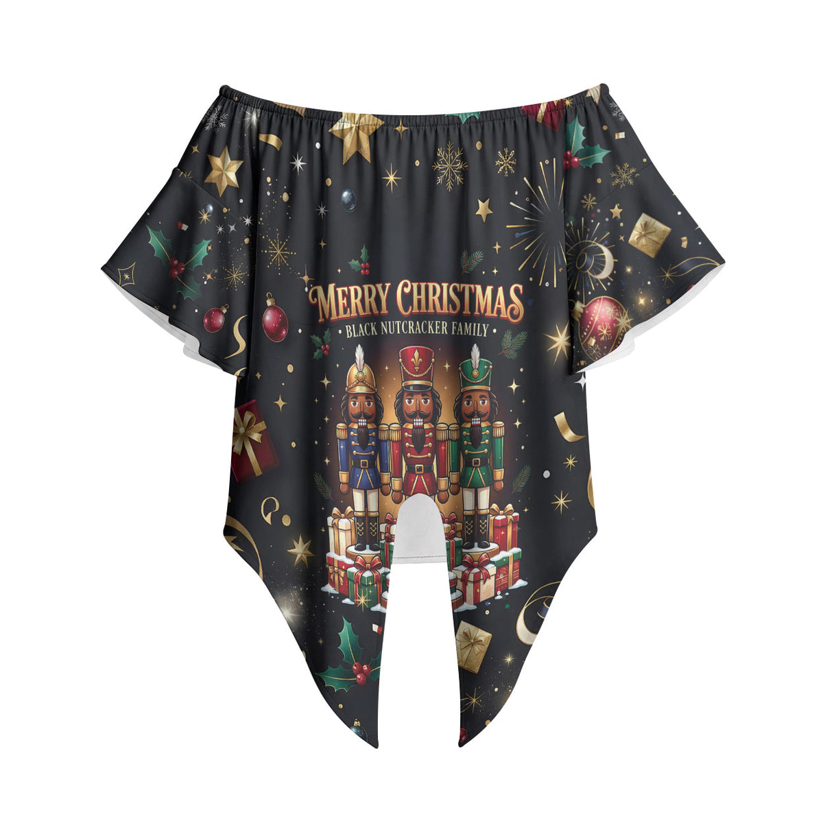 Black Nutcracker Family Christmas Off Shoulder Wrap Waist Top African American Noel Wrapped In Drip