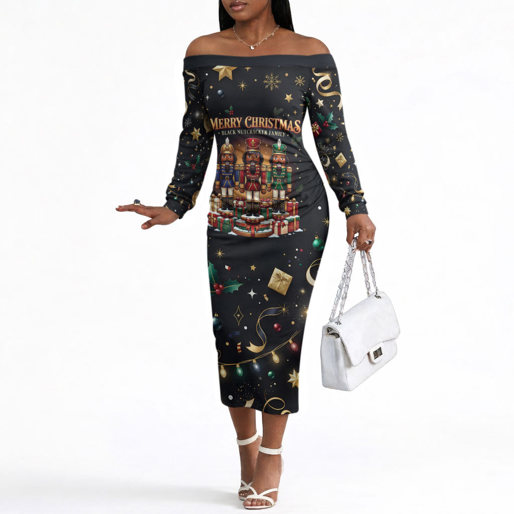 Black Nutcracker Family Christmas Off The Shoulder Long Sleeve Dress African American Noel Wrapped In Drip