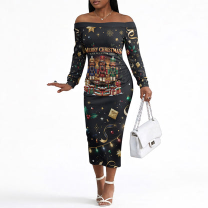 Black Nutcracker Family Christmas Off The Shoulder Long Sleeve Dress African American Noel Wrapped In Drip