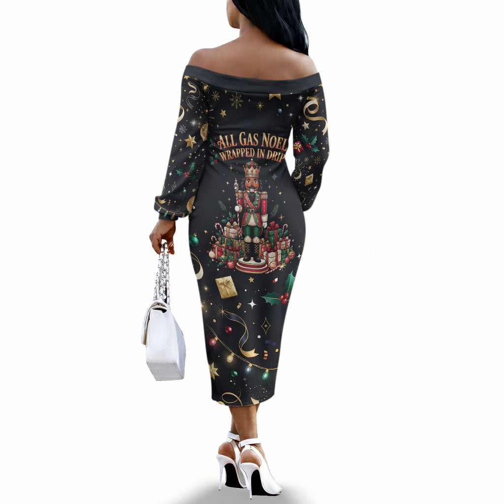 Black Nutcracker Family Christmas Off The Shoulder Long Sleeve Dress African American Noel Wrapped In Drip
