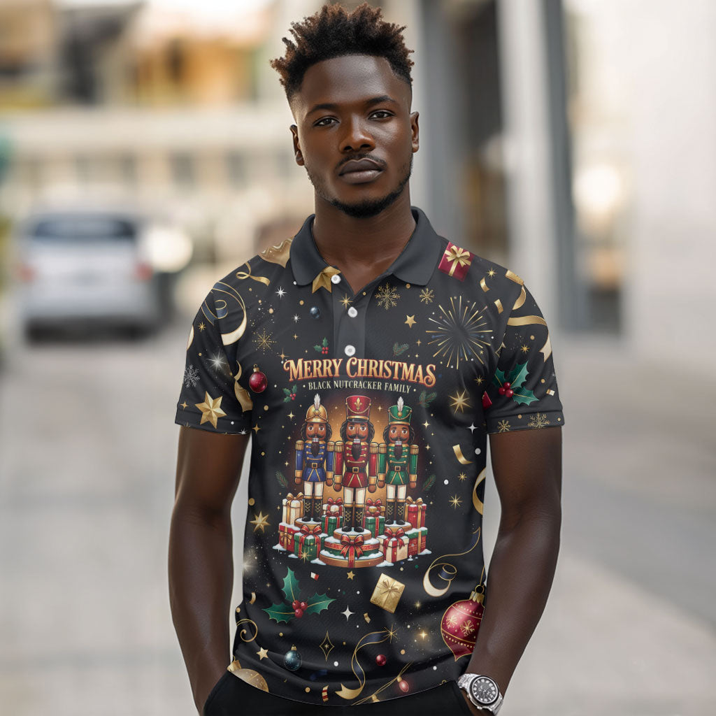 Black Nutcracker Family Christmas Polo Shirt African American Noel Wrapped In Drip