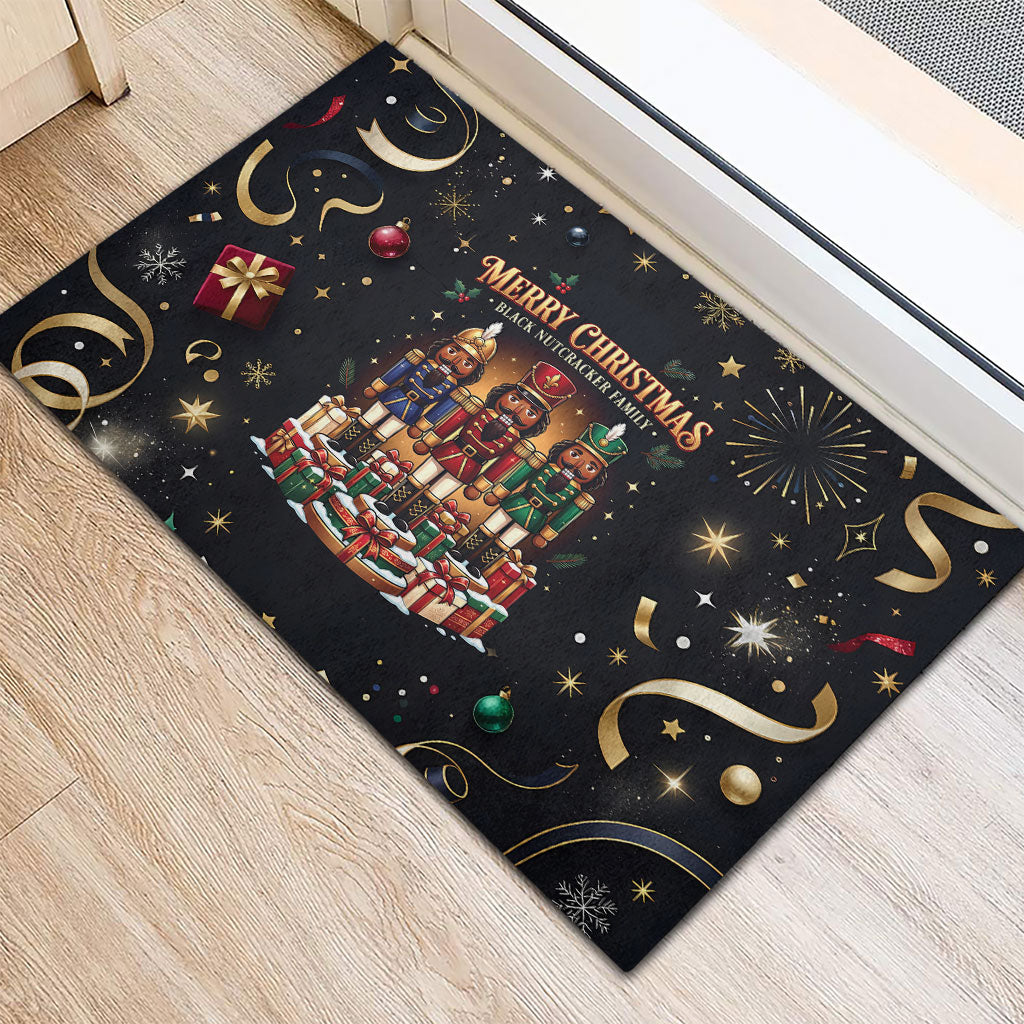 Black Nutcracker Family Christmas Rubber Doormat African American Noel Wrapped In Drip
