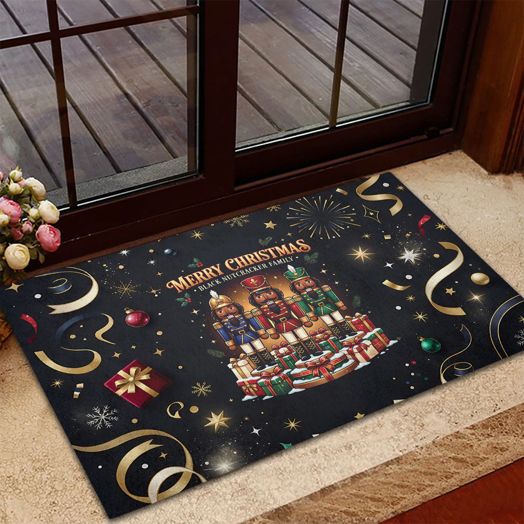 Black Nutcracker Family Christmas Rubber Doormat African American Noel Wrapped In Drip