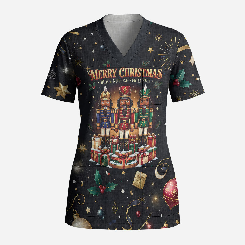 Black Nutcracker Family Christmas Scrub Top African American Noel Wrapped In Drip