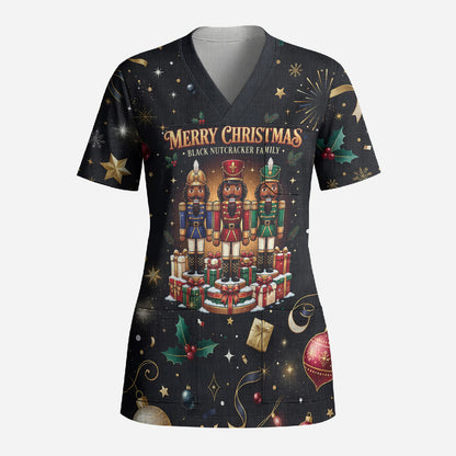 Black Nutcracker Family Christmas Scrub Top African American Noel Wrapped In Drip