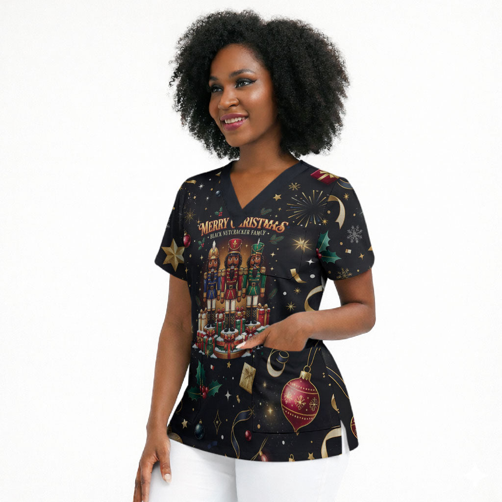 Black Nutcracker Family Christmas Scrub Top African American Noel Wrapped In Drip