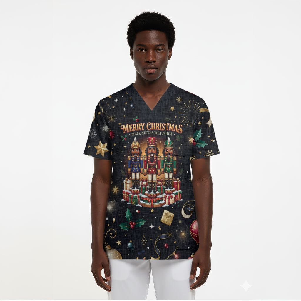 Black Nutcracker Family Christmas Scrub Top African American Noel Wrapped In Drip