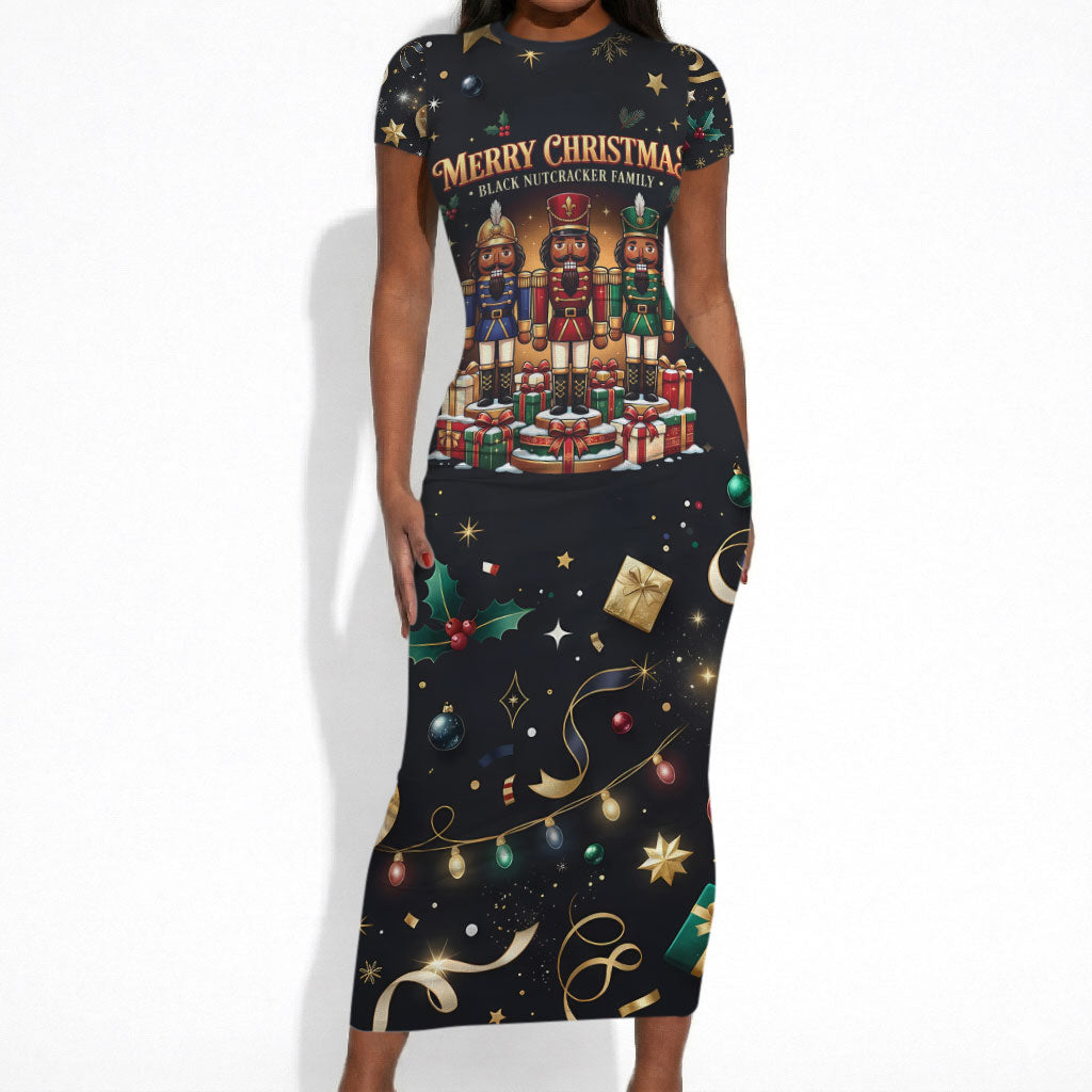 Black Nutcracker Family Christmas Short Sleeve Bodycon Dress African American Noel Wrapped In Drip