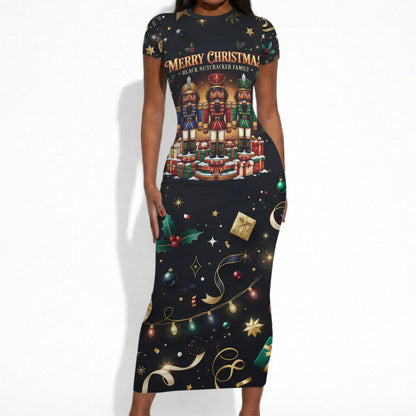 Black Nutcracker Family Christmas Short Sleeve Bodycon Dress African American Noel Wrapped In Drip