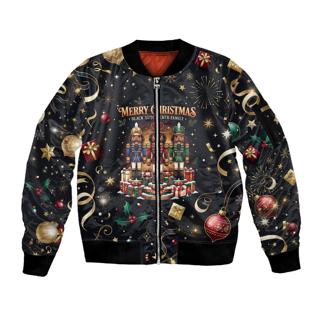 Black Nutcracker Family Christmas Sleeve Zip Bomber Jacket African American Noel Wrapped In Drip