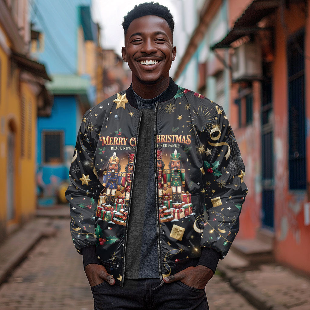 Black Nutcracker Family Christmas Sleeve Zip Bomber Jacket African American Noel Wrapped In Drip