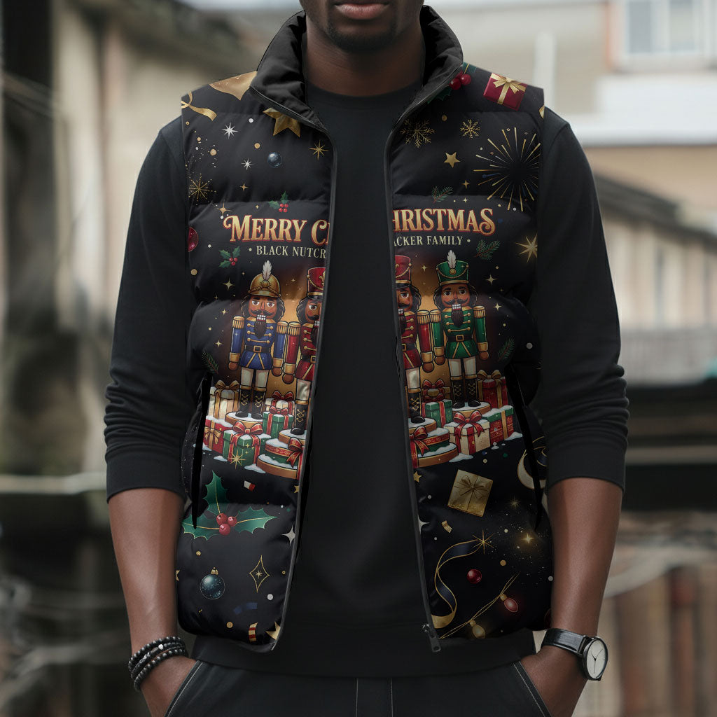 Black Nutcracker Family Christmas Sleeveless Puffer Jacket African American Noel Wrapped In Drip