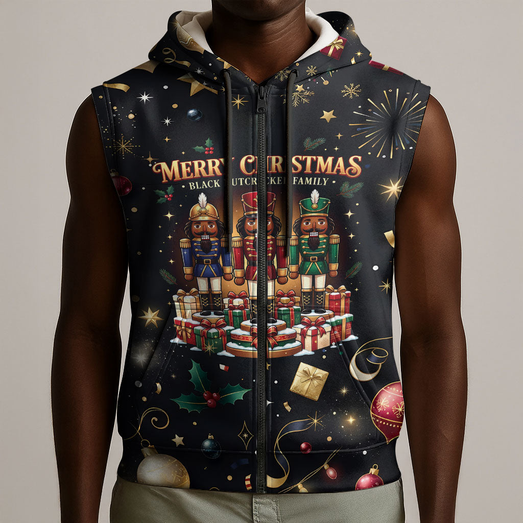 Black Nutcracker Family Christmas Sleeveless Zip Hoodie African American Noel Wrapped In Drip