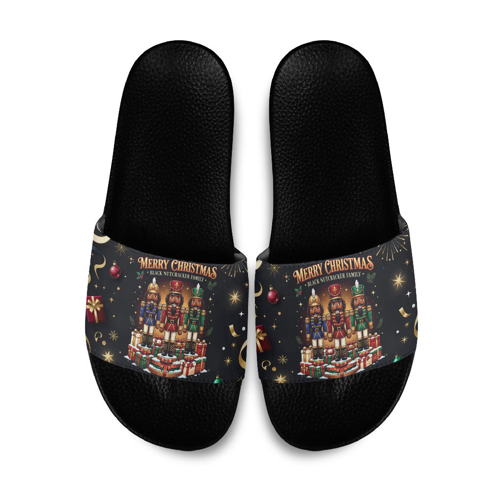 Black Nutcracker Family Christmas Slide Sandals African American Noel Wrapped In Drip