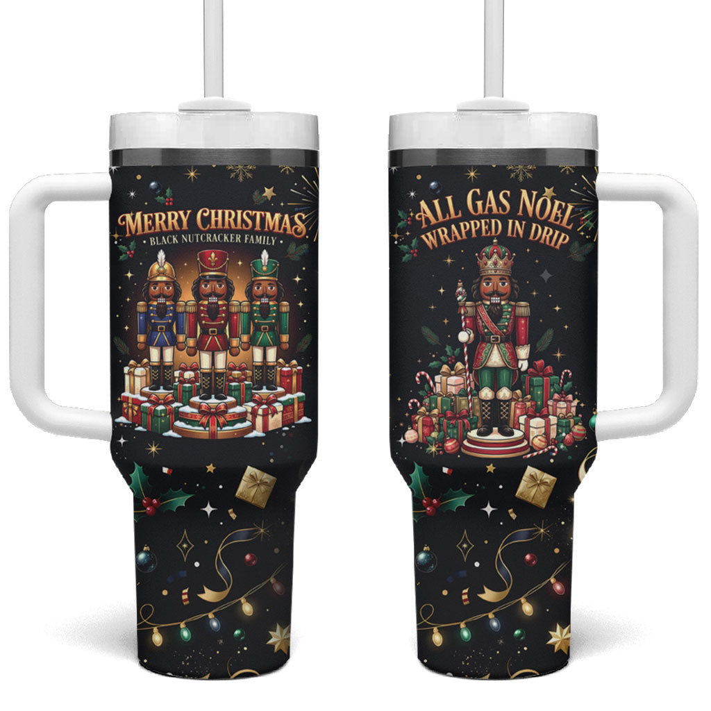 Black Nutcracker Family Christmas Tumbler With Handle African American Noel Wrapped In Drip