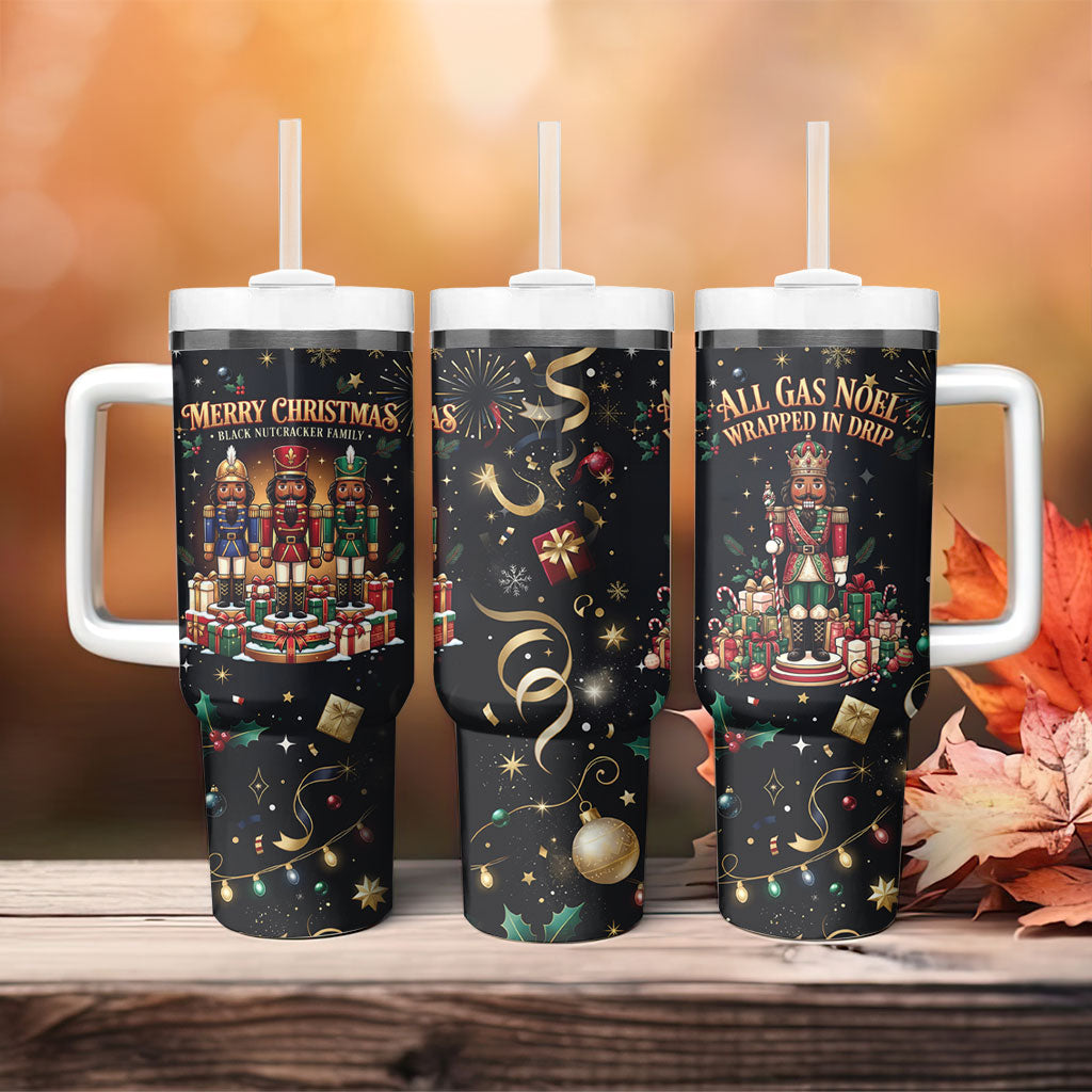 Black Nutcracker Family Christmas Tumbler With Handle African American Noel Wrapped In Drip