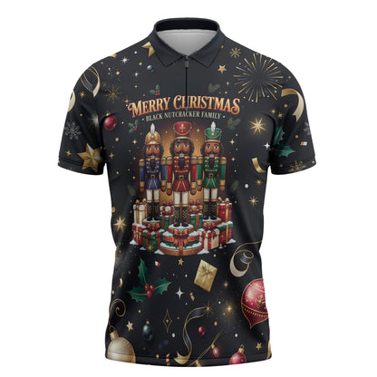 Black Nutcracker Family Christmas Zipper Polo Shirt African American Noel Wrapped In Drip