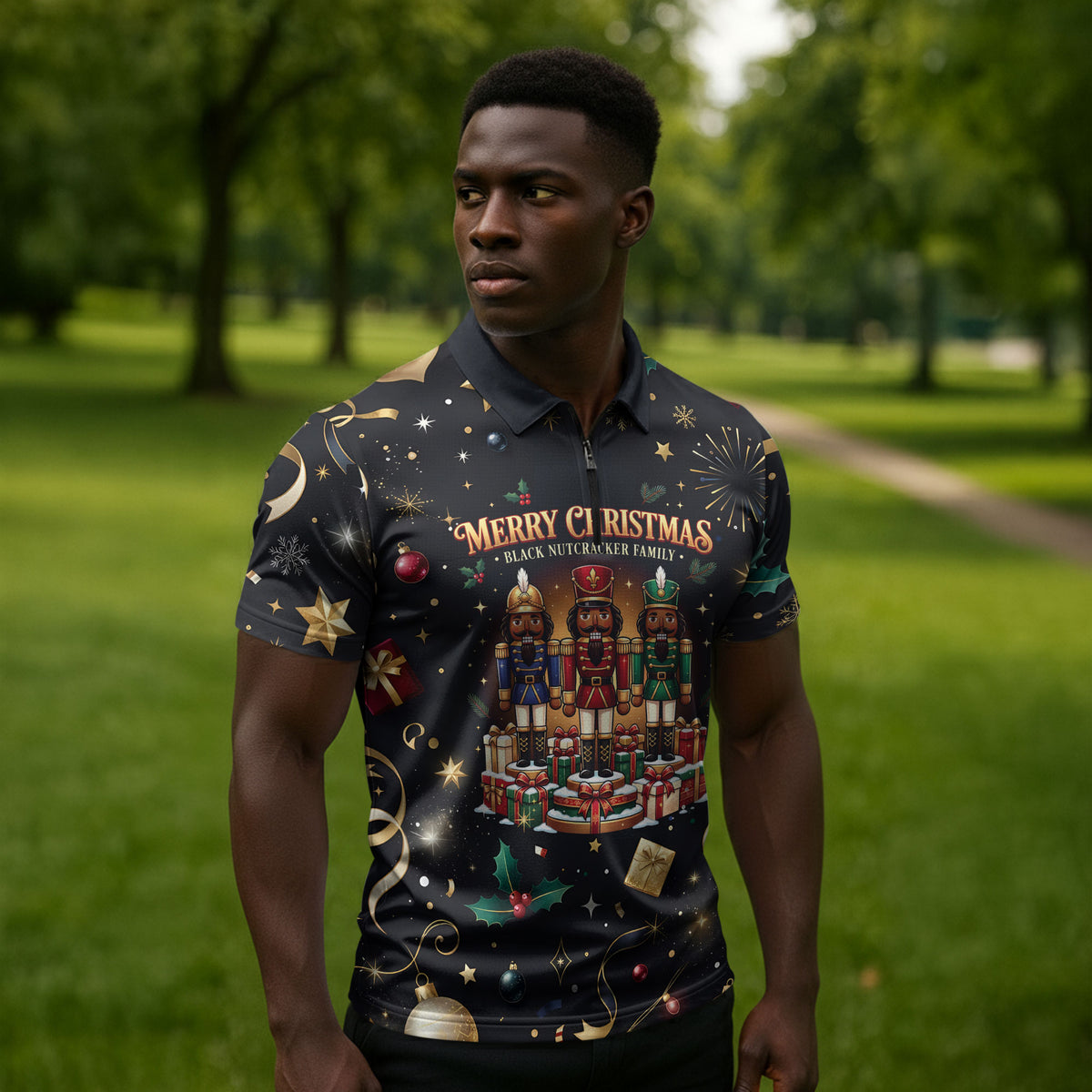 Black Nutcracker Family Christmas Zipper Polo Shirt African American Noel Wrapped In Drip