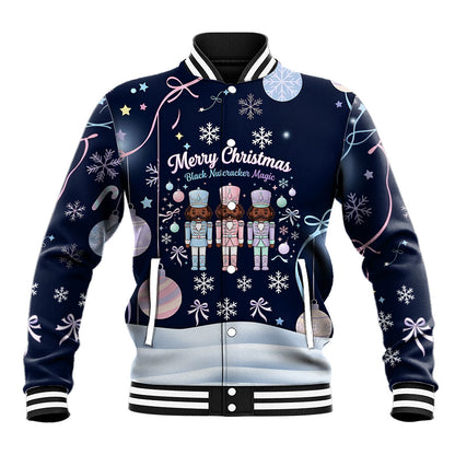 Black Nutcracker Magic Christmas Baseball Jacket African American Pastel Snowflake Winter