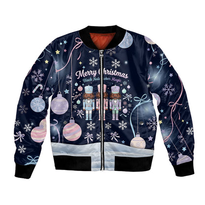 Black Nutcracker Magic Christmas Bomber Jacket African American Pastel Snowflake Winter